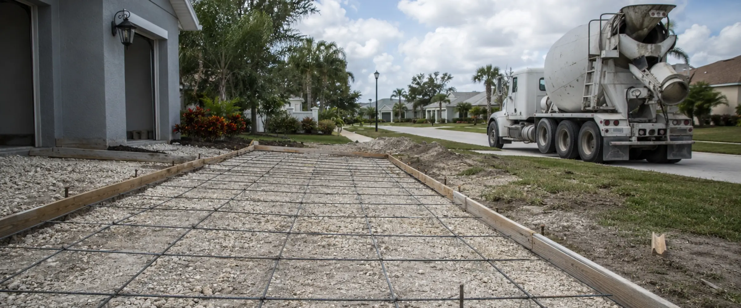 A residential driveway job site with forms set and rebar tied