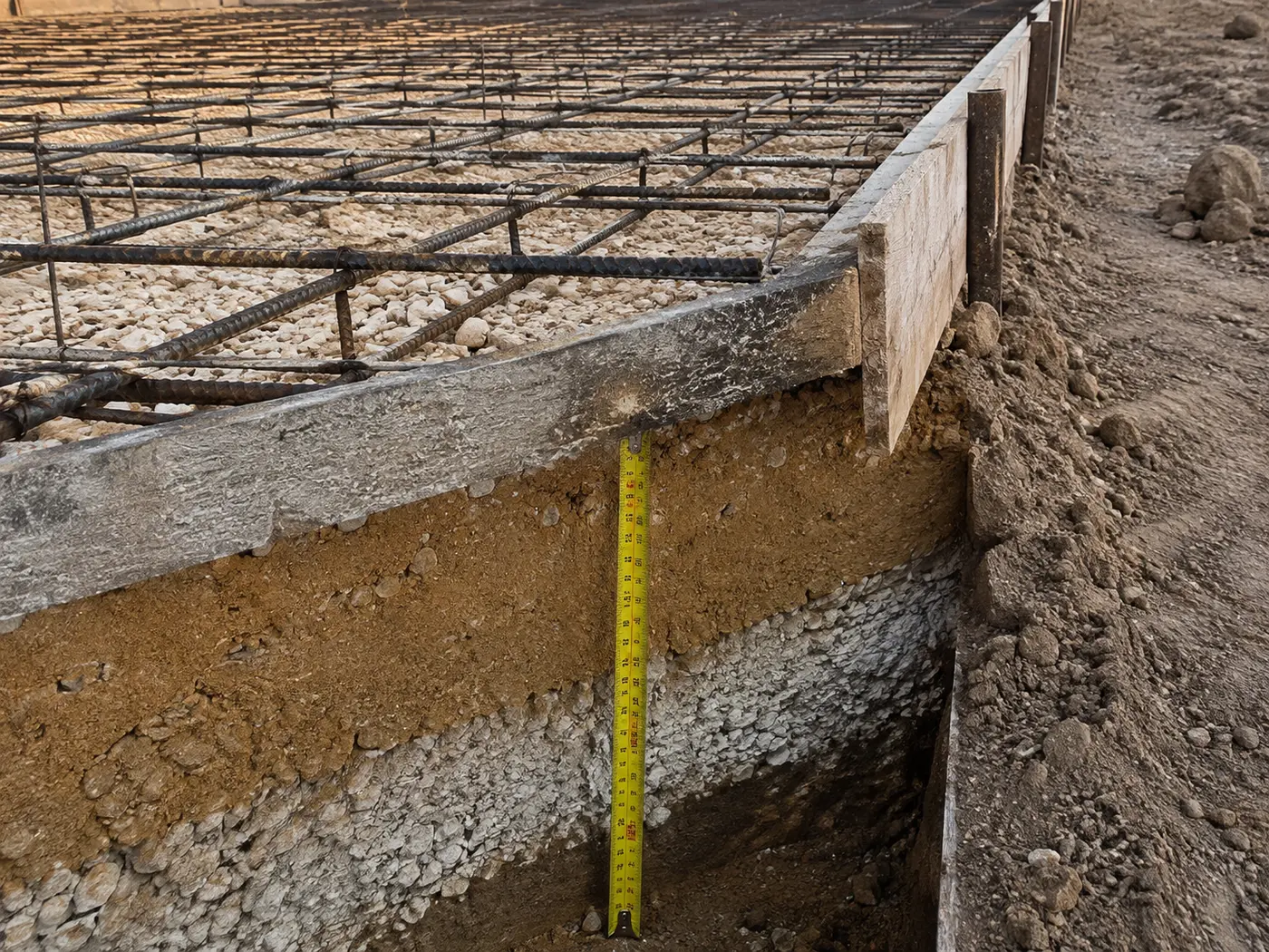 Heavy #4 rebar grid on close centers over deep compacted limerock at a thickened RV pad edge